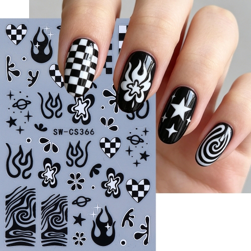 1pc Flame Nail Stickers Black White Flower Star Checkered Heart-Shaped Irregular Striped Pattern Nail Decals DIY Manicure