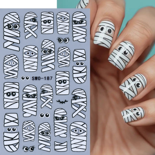 1pc Wacky Expressions Mummy Matte Nail Sticker Ghost Skull Bone Flowers Design Adhesive Decals Halloween Foils Manicure Decor