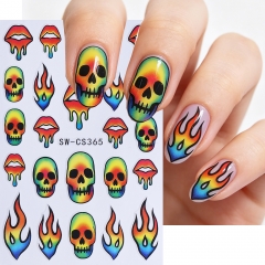 1pc Rainbow Fire Nail Art Stickers French Style Neon Flame Skull Lip Sliders Halloween Series Decal Manicure Decor