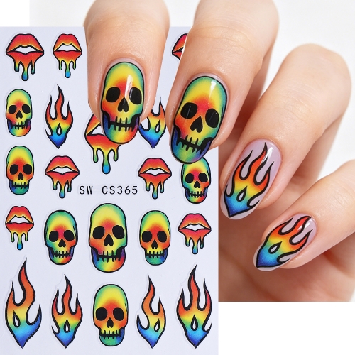 1pc Rainbow Fire Nail Art Stickers French Style Neon Flame Skull Lip Sliders Halloween Series Decal Manicure Decor