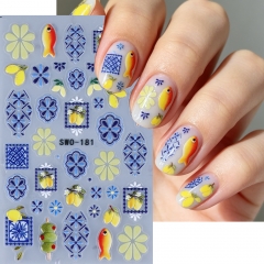 1pc Fruit Nail Art Stickers Summer Lemon Fish Blue Bohemian Florals Design adhesive Nail Decals DIY Manicure Decoration Sliders