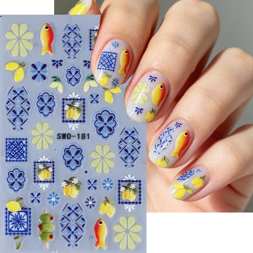 1pc Fruit Nail Art Stickers Summer Lemon Fish Blue Bohemian Florals Design adhesive Nail Decals DIY Manicure Decoration Sliders