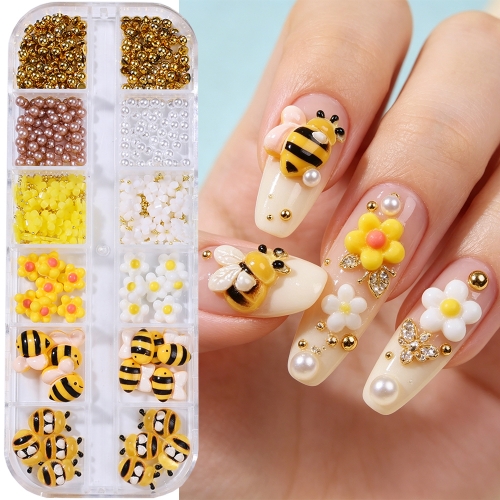 1box Mixed Nail Decoration Cartoon Yellow Bees Cute Flowers And Pearl DIY Sweet Style Manicure Accessories