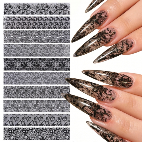 10designs/set New Sexy Black Lace Flowers Nail Art Transfer Foil Stickers Decals DIY Beauty Nail Craft Decorations 7 orders