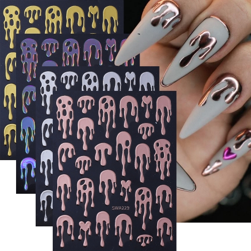 1pc Halloween Metallic Nail Art Stickers Blood Water Drop Love Skull Rose Gold Silver Laser Design Decals Manicure Decor