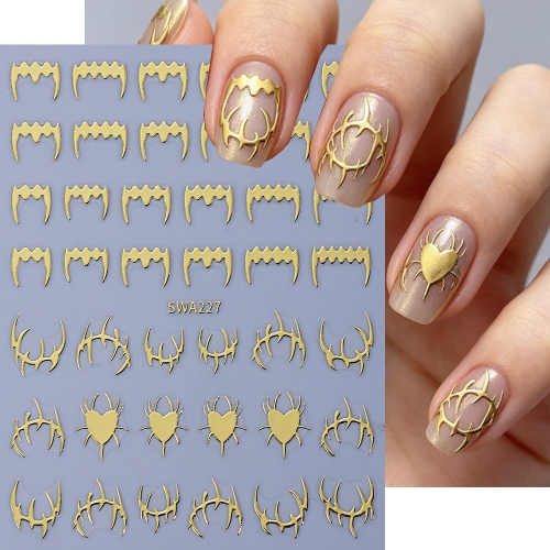 1pc Bronzing Nail Sticker Golden Silvery Thorn Love Lines Teeth French Design Adhesive Nail Decals Halloween Manicure Decor