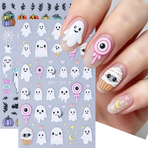 1pc  Adorable Ghosts Pumpkin Matte Nail Decal Kawaii Cartoon Skull Spider Bat Lollipops Adhesive Sticker Halloween Manicure Tips