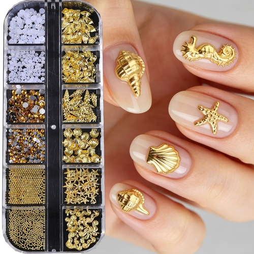 1box 3D Gold Ocean Nail Art Decorations Shell Seahorse Starfish Conch Pearl Beads Nail Charms Summer DIY Manicure Accessories