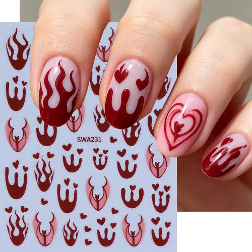 1pc Blood-red Fire Flame French Style Nail Sticker Glossy Bat Heart Bleeding Adhesive Decal DIY Halloween Manicure Sliders