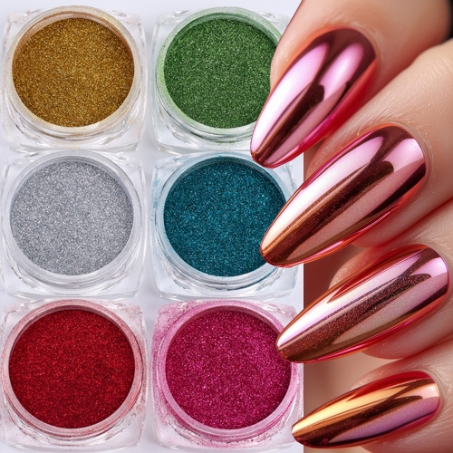 6jars/set Mirror Metallic Chrome Nail Art Powder Pigment Gold Silver Nail Dust Magic Mirror Glitter Effect DIY Manicure Accessories