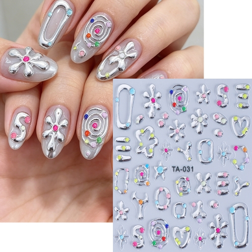 1pc Liquid Silver Metallic Nail Art Sticker Retro Colorful Rhinestone Heart Star Charms for Women DIY Salon Party Summer