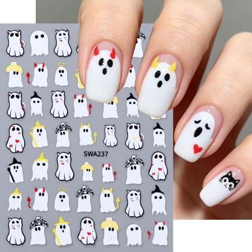 1pc  Cute Ghost Halloween Nail Stickers 3D Self-Adhesive Black Cat Nail Decal Slider For DIY Manicure Decoration