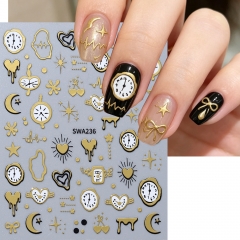 1pc Bronzing Clock Nail Sticker Heart Star Moon Bow Retro Watches Design 3D Decals DIY Charm Halloween Style Manicure Foils