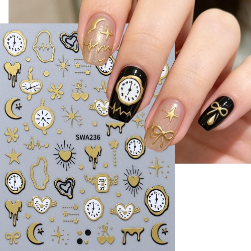 1pc Bronzing Clock Nail Sticker Heart Star Moon Bow Retro Watches Design 3D Decals DIY Charm Halloween Style Manicure Foils