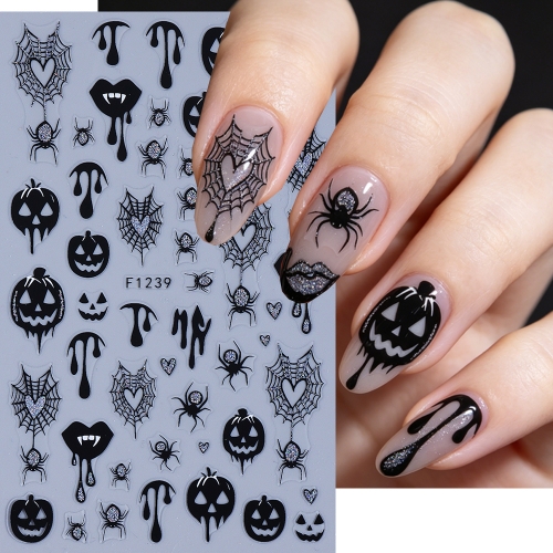 1pc Black Gothic Glitter Halloween Nail Art Stickers Silver Y2K Ghost Pumpkin Lips Vampire Spider Web Nail Decals DIY Manicures