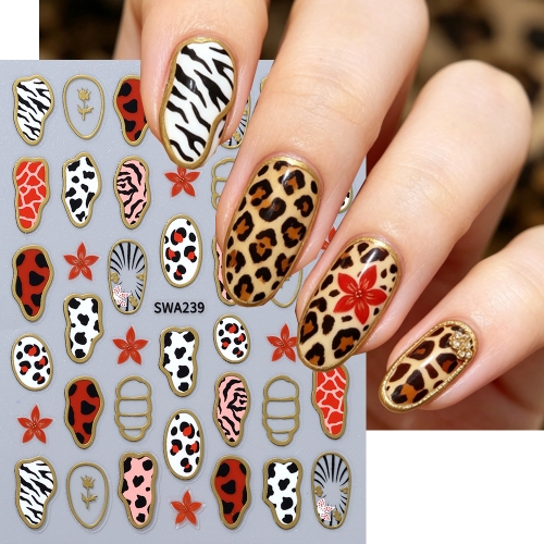 1pc Autumn Winter Bronzing Nail Stickers Leopard Cow Zebra Prints Florals Golden Border Design Nail Decals DIY Manicure Decor