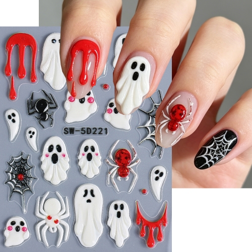 1pc 5D Embossed Self Adhesive Nail Art Stickers Halloween Cat Pumpkin Ghost Manicure Party Decal Sliders