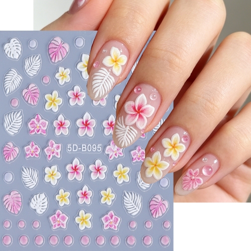 1pc 5D Embossed Floral Nail Art Stickers Hibiscus Frangipani 3D Adhesive Nail Decals DIY Manicure Decoration Wrap Nail Supplies