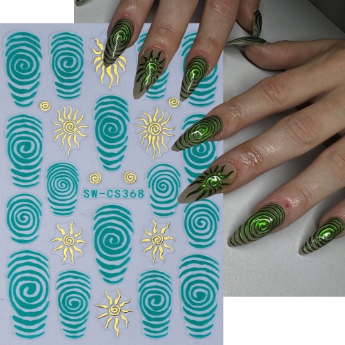 1pc Halloween Nail Stickers Green Spiral Gold Sun Pattern Design Self Adhesive Nail Decals DIY Manicure Decor Nail Supplies