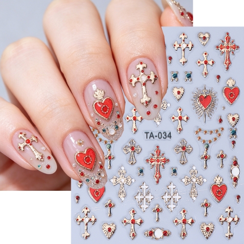 1pc Gothic Cross Sacred Heart Nail Art Stickers Decals, Silver Red 3D Embossed Pearl Line Nail Supplies for Nail Tech Party