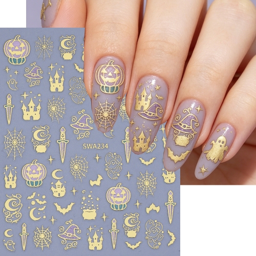 1pc Bronzing Halloween Magic Nail Art Glitter Stickers Castle Wizard's Hat Ghost Pumpkin 3D Adhesive Decals Holiday Manicure Foils
