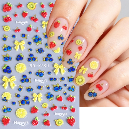 1pc 5D Mediterranean Nail Art Stickers Decals, Summer Yellow Lemon Blue Porcelain Flowers Professional Manicure Supplies for Beach