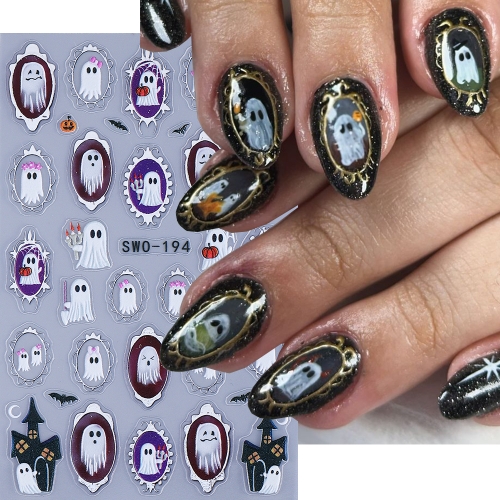 1pc Halloween Nail Sticker Cute Cartoon Ghost Castle Bat Pumpkin Silver/Gold Border Design Nail Decals DIY Manicure Decoration