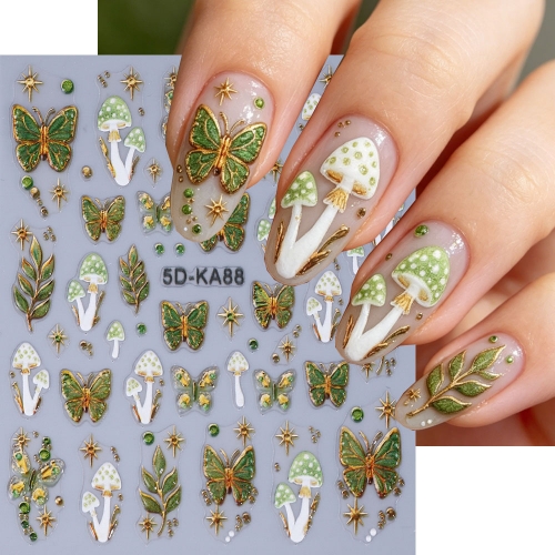 1pc 5D Embossed Nail Stickers Retro Green Gold Mushroom Butterfly Leaf Star Luxury Summer Music Festival Decors Salon