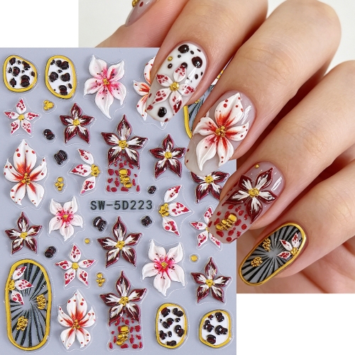 1pc Embossed Florals Nail Stickers Gradient Lily Flower Purple Petals Gold Border Design Nail Decals DIY Manicure Decor Sliders
