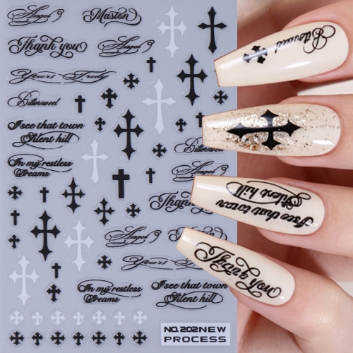 1pc Gothic Punk Cross Nail Stickers - Vintage Black White Letters Decals - Rock Concert Music Festival Nail Tech Supplies DIY