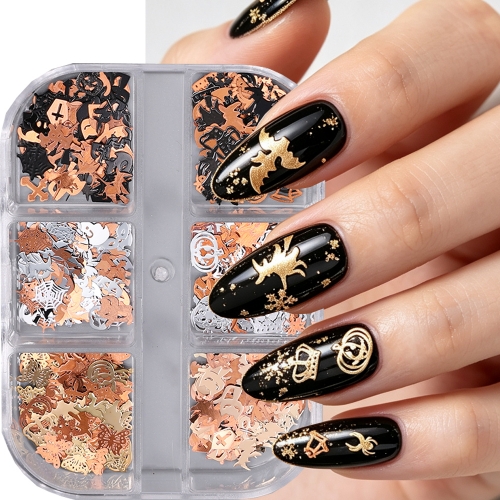 1box Halloween Nail Flakes Black Silver Cat Ghost Spider Web Bat Witch Jewelry Slices Holiday Party DIY Manicure Decor