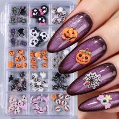 1box Halloween 3D Resin Nail Charms Mixed Ghost Bat Pumpkin Skull Cat Gothic Nail Art Decor DIY Manicure Accessories