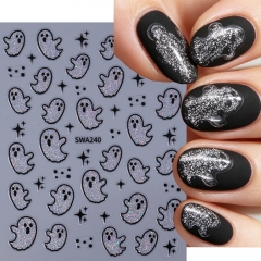 1pc Halloween Silver Glitter Ghost Nail Stickers 3D Holographic Shiny Cute Funny Ghost Star Design Decals Gothic Nail Art Decor