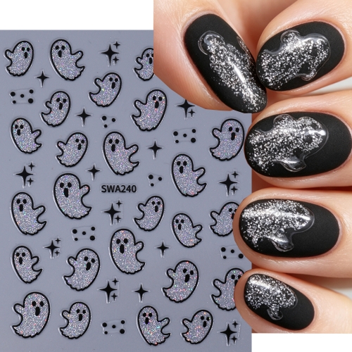 1pc Halloween Silver Glitter Ghost Nail Stickers 3D Holographic Shiny Cute Funny Ghost Star Design Decals Gothic Nail Art Decor