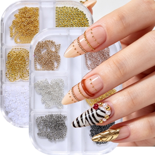 1box Gold Silver Nail Chain Metal 3D Nail Decoration Charm Punk Luxury Nail Art Parts for Manicure DIY