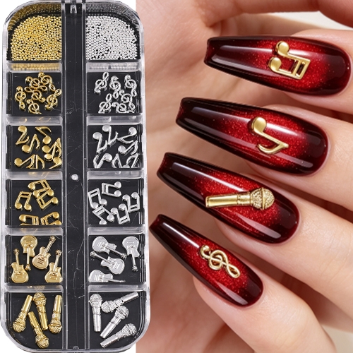 1box Metal Nail Art Decor Mixed Gold Silver Music Symbol Microphone Design Nail Charms DIY Manicure Accessories
