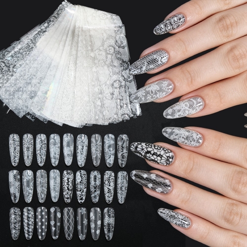 26pcs/set Assorted White Lace Nail Transfer Foils Nail Stickers Vintage Hollow Floral Mesh Heart Star Dot Lace Nail Art Decorations