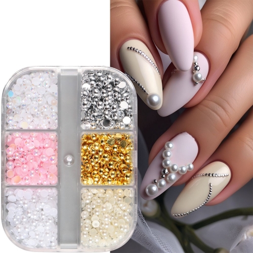 1box 3D Half Pearl Nail Charms Decor White Pink Gold Silver Iridescent Mermaid Pearls Elegant Wedding Designs DIY Summer Manicure
