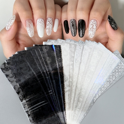 40pcs/set Elegant Black White Lace Nail Transfer Foils Sticker Retro Hollow Floral Transfer Foils Stickers Decoration