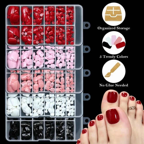 120Pcs/box Summer Press On Toes Full Cover Tips White Short Square False Toenails Pure Color Acrylic Artificial Wearable Toenails