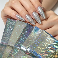 26pcs/set Silver Holographic Nail Foils Iridescent Swirl Wave Dot Stripe Line Pattern Nail Art Foil Transfer Stickers Decorations