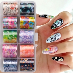 1box Colorful Flower Nail Foils Transfer Stickers Sunflower Rose Daisy Summer Floral Nails Decals Blossom Starry Sky Papers