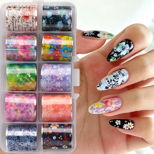1box Colorful Flower Nail Foils Transfer Stickers Sunflower Rose Daisy Summer Floral Nails Decals Blossom Starry Sky Papers