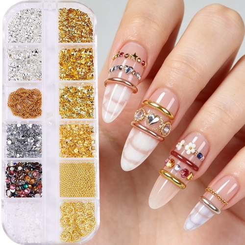 1box Nail Art Chain Metallic Rivet Punk Nail Charm 3D Nail Decoration Mini Star Heart Accessories