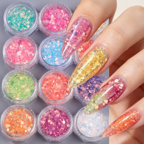 12colors/set Nail Art Sequin Magic Color Opal Hexagon Flakes Shiny Polarizing Small Fragments Aurora Glass Paper Foil Flakes Nail Sequins