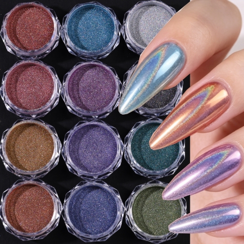 12colors/set Holographic Mirror Nail Art Pigment Laser Rainbow Chrome Powder Fine Rubbing Dust Flash Manicure Decor