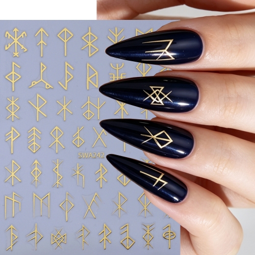 1pc Simple Bindrune Letter Nail Stickers Metal Black White Retro Characters Arrow Decals Classical Halloween Manicure Sliders