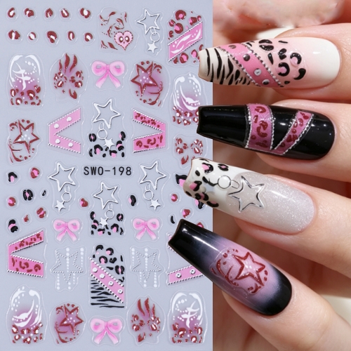 1pc Gothic Punk Pink Leopard Print Nail Art Sticker Stars Bowknot 5D Self-adhesive Manicure Decals Decor Accessories