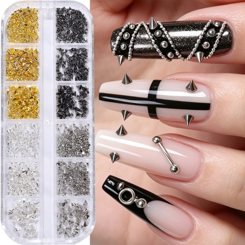 1box Mix Gothic Punk Gold Sliver Cone Shape Nail Rivets Y2K Pentagram Jewelry Halloween Manicure Nail