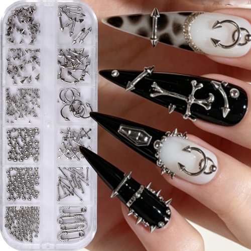 1box Goth Punk Nail Charms Studs Piercing Designs Metallic Silvery Nails Art Rivets 3D Stars Alloy Nail Art Decorations